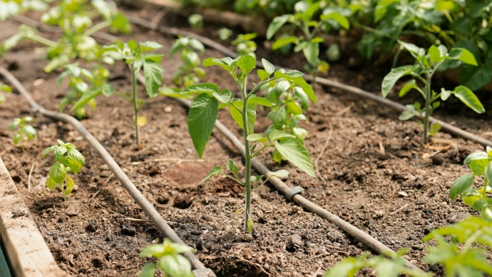 Plants grow in a garden bed with irrigation
